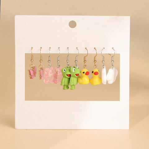 6Pairs/Set Cute Cloud Duckling Butterfly Earrings Set for Women Candy Milk Tea
