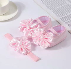 Soft Sole Silky Bowknot Shoes With Headband