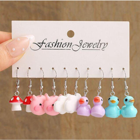 6Pairs/Set Cute Cloud Duckling Butterfly Earrings Set for Women Candy Milk Tea