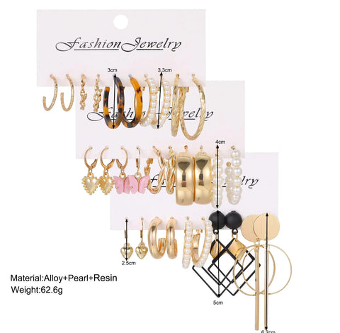 15 Pair Trendy Pearl Alloy Acrylic Earring Set