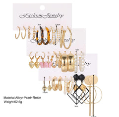 15 Pair Trendy Pearl Alloy Acrylic Earring Set