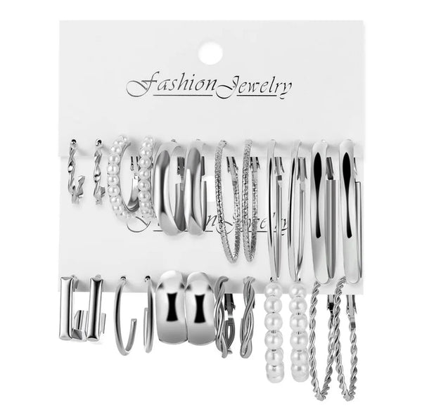 12 Pair Trendy Pearl Alloy Earring Set