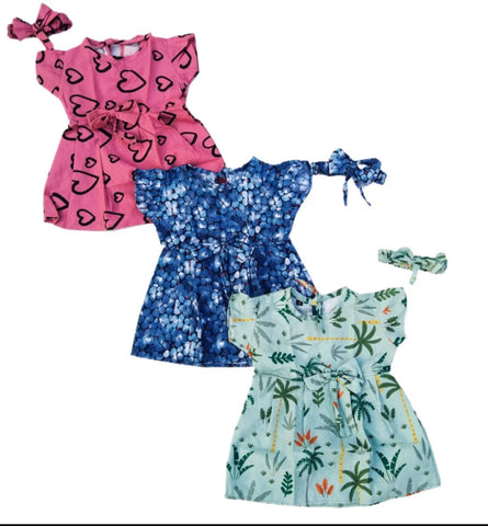 Cotton Frock With Headband (Pack of 3)