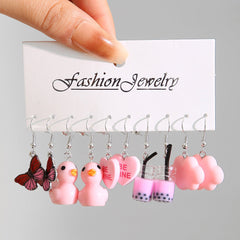 6Pairs/Set Cute Cloud Duckling Butterfly Earrings Set for Women Candy Milk Tea