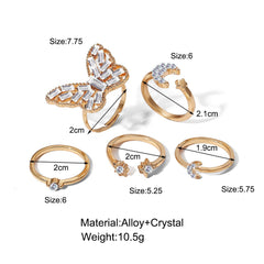 5Pcs/Set Exquisite Crystal Moon Butterfly Ring Set for Women