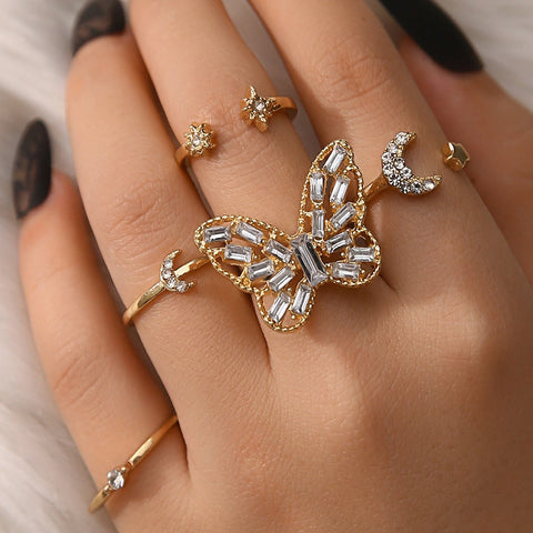 5Pcs/Set Exquisite Crystal Moon Butterfly Ring Set for Women