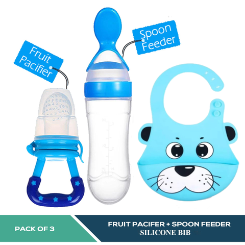Baby Silicone Spoon Feeder Pacifier and Silicone Bib (Pack of 3)