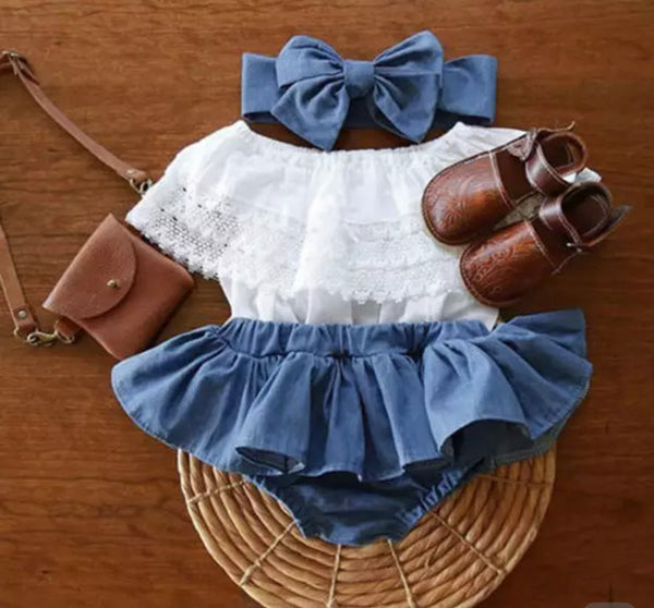 Lace Ruffle with denim shorts