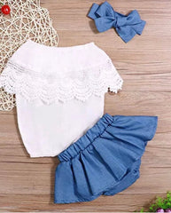 Lace Ruffle with denim shorts