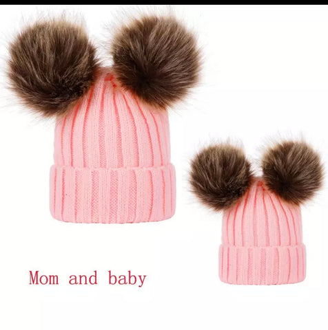 Double pompom cap - mother & kid set