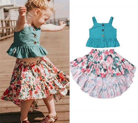 2pcs shirt + Flower Print Swallowtail Skirt