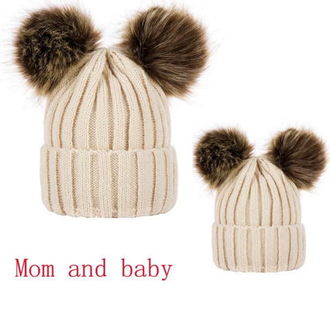 Double pompom cap - mother & kid set