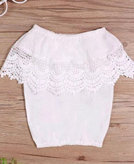 Lace Ruffle with denim shorts