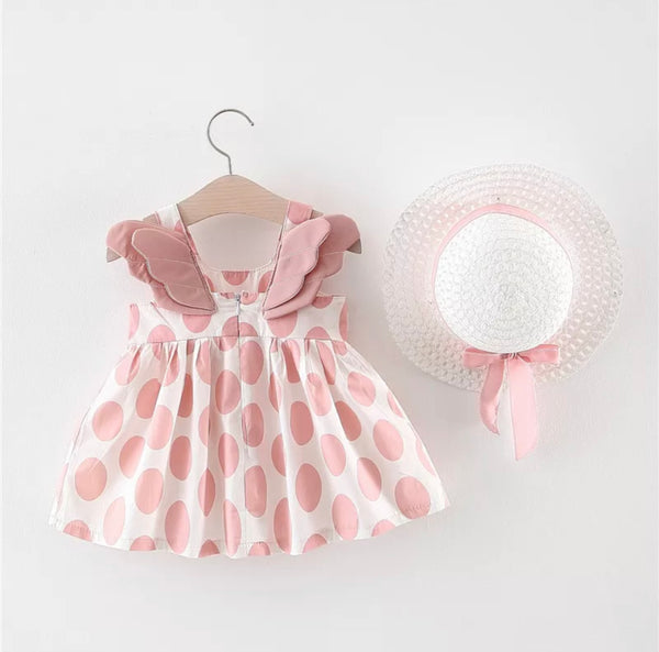 Polka Dress with Hat- Teapink