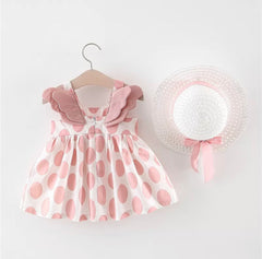Polka Dress with Hat- Teapink